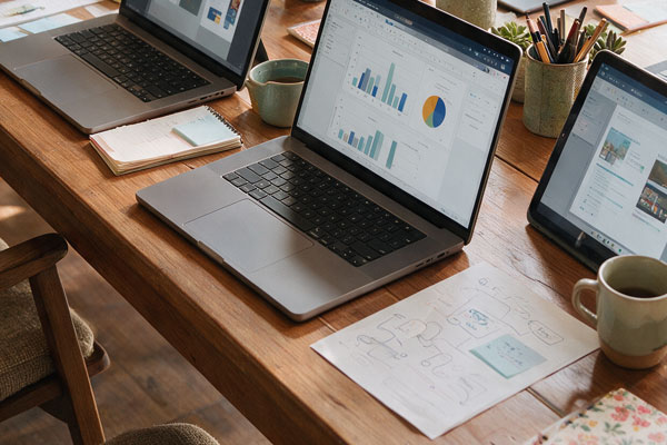 Kleine Runde am großen Tisch: offene Laptops, Kaffee, gemeinsamer Start in den Tag.